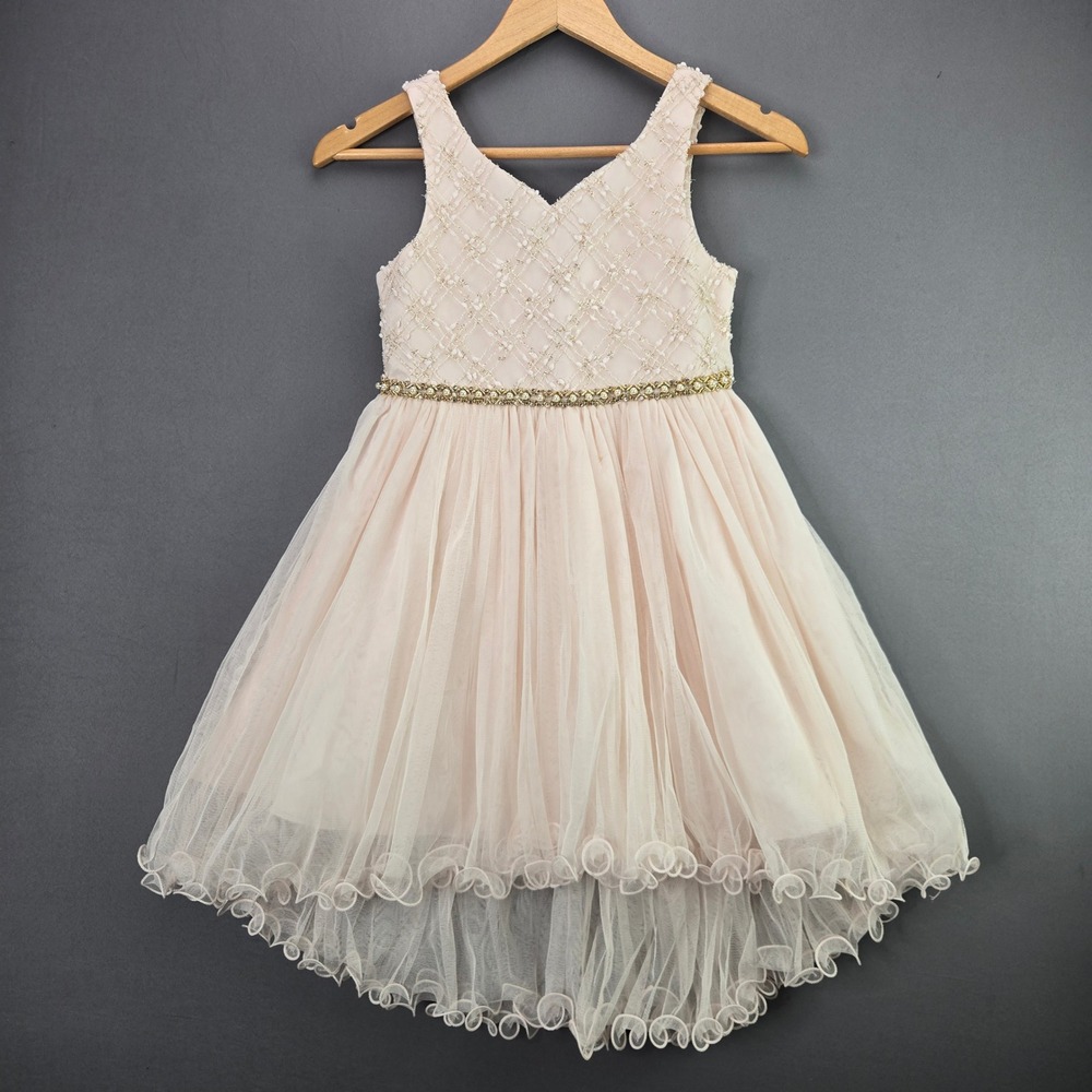 American Princess Girls High Low Tulle Dress Size 8 Pink Pearl Waist Flower Girl